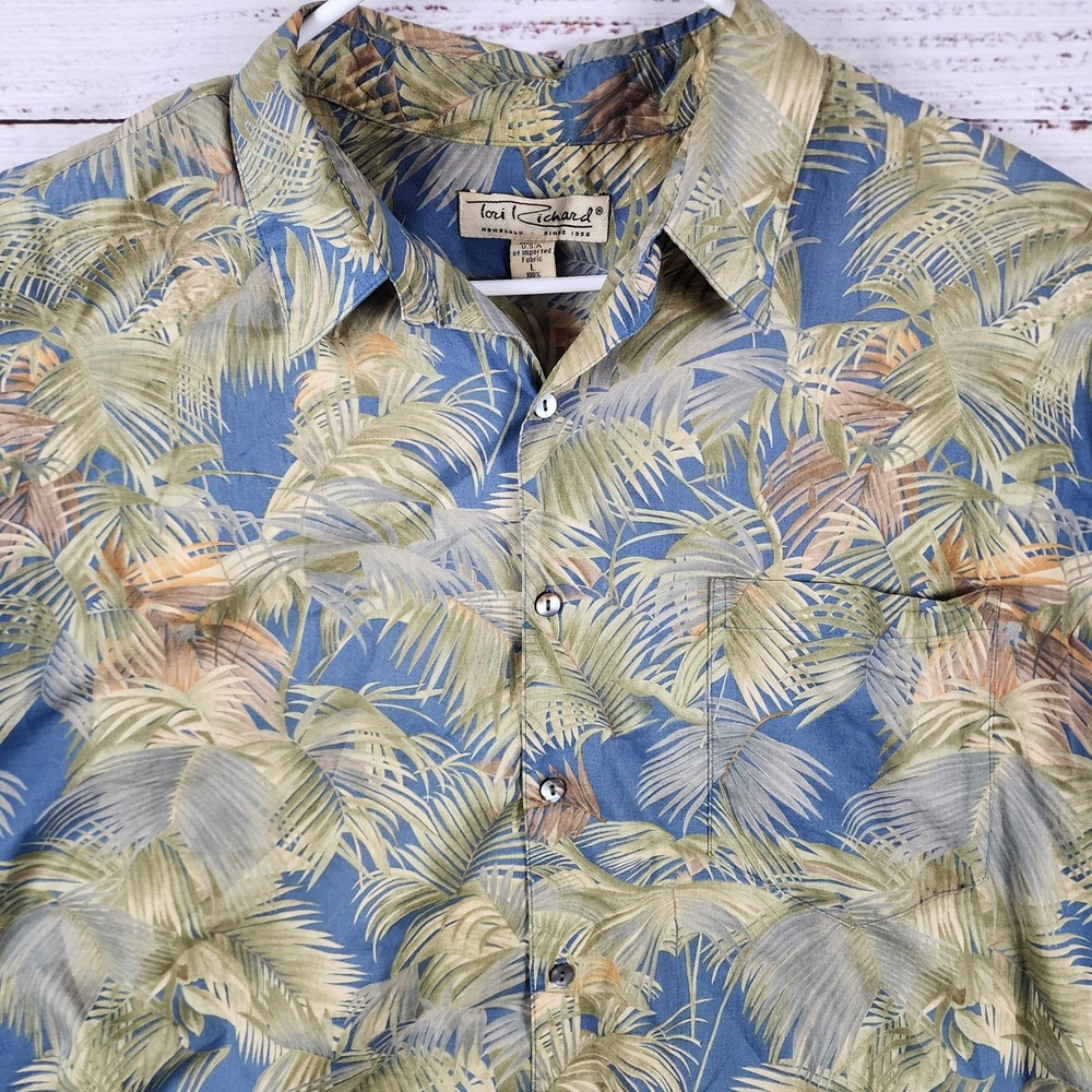 Vintage Tori Richard Cotton Lawn Hawaiian Shirt Large Regular Blue Green Palm